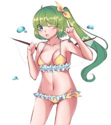 Rule 34 | 1girl, absurdres, ahoge, bad id, bad pixiv id, bare arms, bikini, blue eyes, blush, bow, breasts, cowboy shot, daiyousei, dark jewel (gem oblivion), ears visible through hair, frilled bikini, frills, green hair, groin, hair bow, hand up, highres, long hair, looking at viewer, medium breasts, navel, one eye closed, open mouth, short hair with long locks, side ponytail, simple background, solo, swimsuit, touhou, white background, yellow bikini, yellow bow