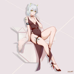 Rule 34 | 1girl, absurdres, alternate costume, animal ear fluff, animal ears, arknights, arm support, artist name, bare legs, bare shoulders, black choker, black dress, black footwear, breasts, cat ears, choker, cleavage, closed mouth, collarbone, dress, full body, green eyes, grey background, high heels, highres, index finger raised, jewelry, kal&#039;tsit (arknights), knee up, looking at viewer, material growth, medium breasts, moeey tienan, necklace, oripathy lesion (arknights), pelvic curtain, ponytail, shawl, short hair, sidelocks, sitting, sleeveless, sleeveless dress, solo, syringe, thigh strap