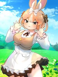 Rule 34 | 1girl, :3, absurdres, animal ears, blue sky, bow, bowtie, brown bow, brown bowtie, brown dress, brown eyes, brown vest, collared dress, cowboy shot, domestic rabbit (kemono friends), dress, frilled sleeves, frills, grass, hair between eyes, hair bow, hawawam31677, highres, kemono friends, light brown hair, long sleeves, looking at viewer, multicolored hair, puffy sleeves, rabbit ears, rabbit girl, sidelocks, sky, solo, two-tone dress, two-tone hair, vest, white bow, white dress, white hair