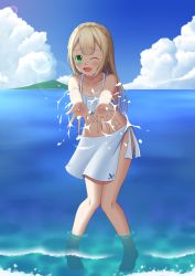Rule 34 | 1girl, ;d, bikini, blonde hair, blue sky, blush, cloud, collarbone, creatures (company), day, esu sss, full body, game freak, green eyes, highres, lillie (pokemon), long hair, looking at viewer, nintendo, ocean, one eye closed, open mouth, outstretched arms, pokemon, pokemon sm, sarong, sky, smile, soaking feet, solo, standing, swimsuit, wading, white bikini
