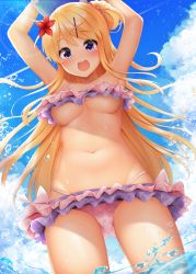 Rule 34 | 1girl, armpits, arms up, bare arms, bare shoulders, bikini, blonde hair, blue sky, blush, breasts, cloud, cloudy sky, collarbone, commentary request, day, flower, frills, from below, gluteal fold, hair bun, hair flower, hair ornament, hairclip, highres, kin-iro mosaic, kujou karen, long hair, looking at viewer, medium breasts, minato ojitan, navel, open mouth, outdoors, pink bikini, purple eyes, red flower, single hair bun, sky, smile, solo, standing, swimsuit, underboob, very long hair, wading, water, x hair ornament