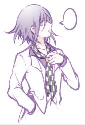 Rule 34 | 1boy, :d, black necktie, checkered clothes, checkered necktie, checkered neckwear, collarbone, commentary request, danganronpa (series), danganronpa 10th anniversary costume, danganronpa v3: killing harmony, hand in pocket, jacket, long sleeves, male focus, necktie, official alternate costume, open mouth, oma kokichi, pointy nose, profile, purple shirt, qiao xing, shirt, simple background, smile, solo, speech bubble, upper body, white background, white jacket, white necktie, wing collar
