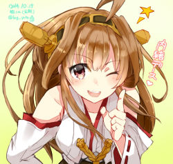 Rule 34 | 10s, 1girl, ahoge, bad id, bad pixiv id, bare shoulders, bent over, brown hair, dated, detached sleeves, headgear, kantai collection, kongou (kancolle), long hair, looking at viewer, nontraditional miko, one eye closed, pink eyes, ribbon-trimmed sleeves, ribbon trim, solo, star (symbol), twitter username, yellow bunny