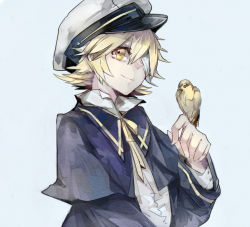 Rule 34 | 1boy, bandages, bird, bird on hand, bishounen, blonde hair, blue capelet, blue jacket, capelet, closed mouth, commentary, hand up, hat, jacket, james (vocaloid), looking at viewer, male focus, oliver (vocaloid), peaked cap, ribbon, sailor hat, shirt, short hair, smile, upper body, vima, vocaloid, white shirt, yellow eyes, yellow ribbon