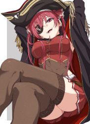 Rule 34 | 1girl, :d, armpits, arms behind back, arms up, black coat, black hat, bow, breasts, brown thighhighs, coat, cropped jacket, eyepatch, hair bow, hair over one eye, hair ribbon, hat, highres, hololive, houshou marine, jacket, large breasts, leotard, leotard under clothes, long hair, looking at viewer, miniskirt, open mouth, oshimaidebu, pirate, pirate hat, pleated skirt, red eyes, red hair, red jacket, red ribbon, red skirt, ribbon, see-through, see-through leotard, skirt, sleeveless, sleeveless jacket, smile, solo, teeth, thighhighs, twintails, virtual youtuber, white bow, zettai ryouiki