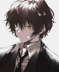Rule 34 | 1boy, :|, bandage on face, bandage over one eye, bandages, black necktie, black suit, brown eyes, brown hair, bungou stray dogs, closed mouth, collared shirt, dazai osamu (bungou stray dogs), expressionless, formal, grey background, looking ahead, male focus, necktie, nozz177, one eye covered, portrait, rain, shirt, short hair, simple background, solo, suit, water drop, white shirt