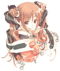 Rule 34 | 1girl, brown eyes, capelet, chain, collar, eyebrows, frills, hair bobbles, hair ornament, hair ribbon, looking at viewer, original, parted lips, red hair, ribbon, short hair with long locks, sidelocks, simple background, solo, sumi keiichi, twintails, upper body, white background