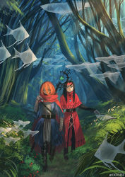 Rule 34 | 2girls, bandages, black hair, blue eyes, cape, fantasy, fish, forest, freckles, ghost, grass, green eyes, headband, jewelry, long hair, monokubo, multiple girls, nature, necklace, orange hair, original, outdoors, scar, staff, tree