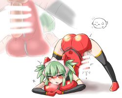 Rule 34 | 1girl, artist request, blush, busou shinki, censored, character request, from behind, full-package futanari, futanari, green hair, heavy breathing, jack-o&#039; challenge, open mouth, penis, precum, red eyes, solo, sweatdrop, testicles, thighhighs, top-down bottom-up