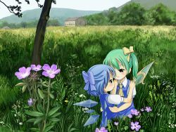 Rule 34 | 2girls, blue eyes, blue hair, bow, building, child, cirno, daiyousei, day, embodiment of scarlet devil, eye contact, field, flower, flower request, grass, green hair, hair bow, highres, looking at another, meadow, mountain, multiple girls, nature, outdoors, ponytail, scenery, short hair, side ponytail, sixten, sky, touhou, tree, wings, yuri