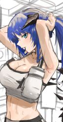 Rule 34 | 1girl, absurdres, arknights, arms up, blue eyes, blue hair, breasts, camisole, cleavage, commentary request, crop top, hair tie in mouth, highres, large breasts, long hair, looking at viewer, midriff, mostima (arknights), mouth hold, navel, official alternate costume, ponytail, putcho, smile, solo, spaghetti strap, stomach, upper body