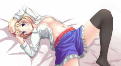 Rule 34 | 1girl, alice margatroid, arm up, bed sheet, black thighhighs, blonde hair, blue eyes, blush, breasts, dress shirt, female focus, gradient background, hairband, hand in own hair, lying, midriff, navel, no bra, on back, open clothes, open mouth, open shirt, shirt, short hair, sideboob, skirt, solo, spread legs, suikakitsu shiro, thighhighs, touhou, white background, zettai ryouiki