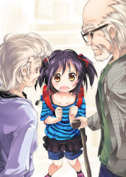 Rule 34 | 1girl, 2boys, backpack, bag, cane, glasses, hair ribbon, ichijou ai, multiple boys, nanaroku (fortress76), official art, old, old man, open mouth, original, randoseru, ribbon, short twintails, shorts, striped, twintails, two side up
