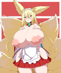 Rule 34 | 1girl, animal ear fluff, animal ears, apron, blonde hair, blush, breasts, breasts out, choker, cleavage, closed mouth, collarbone, cowboy shot, crossed bangs, curvy, detached collar, female focus, fox ears, fox girl, fox tail, gigantic breasts, hair between eyes, hands on own chest, highres, hip vent, hirume of heavenly incense, huge breasts, japanese clothes, jewelry, kitsune, kyuubi, large areolae, large nipples, large tail, last origin, long hair, looking at viewer, magatama, magatama necklace, maid apron, maid headdress, multiple tails, necklace, nipples, no bra, puffy areolae, puffy nipples, sidelocks, skirt, solo, standing, suhey345, tail, thick thighs, thighs, very long hair, wide hips, wide sleeves, yellow eyes