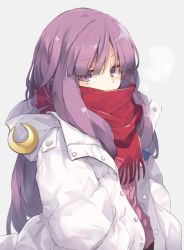 Rule 34 | 1girl, alternate costume, coat, contemporary, covering own mouth, crescent, down jacket, grey background, hood, jacket, long hair, patchouli knowledge, purple eyes, purple hair, red scarf, satou kibi, scarf, simple background, solo, touhou, upper body, white jacket, winter clothes, winter coat