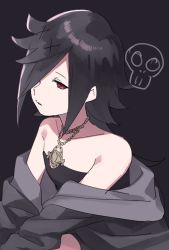 Rule 34 | 1boy, anjupai (pixiv), black hair, clothes around waist, death (entity), dress, fangs, grim reaper, jacket, jacket around waist, jewelry, necklace, open mouth, original, pale skin, red eyes, short hair, simple background, skull, solo, tongue, tongue out, trap