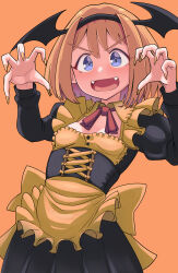 Rule 34 | 1girl, alice margatroid, alternate costume, apron, back bow, black corset, black dress, black hairband, black wings, blonde hair, blue eyes, bow, bowtie, breasts, claw pose, collar, commentary request, cookie (touhou), corset, cowboy shot, dress, fake wings, fangs, fingernails, frilled apron, frilled collar, frills, hair intakes, hairband, halloween costume, head wings, highres, juliet sleeves, long sleeves, looking at viewer, medium bangs, open mouth, orange background, puffy sleeves, pyukasshori, red bow, red bowtie, sharp fingernails, short hair, simple background, small breasts, smile, solo, taisa (cookie), touhou, waist apron, waist bow, wings, yellow apron, yellow bow, yellow nails