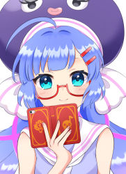 Rule 34 | 1girl, ahoge, blue eyes, blue hair, blush, cellphone, eel hat, glasses, hair ornament, hair ribbon, hairclip, hand up, highres, holding, holding phone, large hat, long hair, looking at viewer, low twintails, nail polish, neckerchief, otomachi una, otomachi una (talkex), phone, red-framed eyewear, ribbon, rooibos, sailor collar, sleeveless, smartphone, smartphone case, smile, solo, talkex, twintails, vocaloid