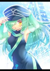 Rule 34 | 1girl, :o, adjusting clothes, adjusting headwear, arms up, bare shoulders, black dress, black hat, blush, borrowed character, breasts, brown eyes, building, commentary request, copyright request, detached sleeves, dress, green hair, green sleeves, hair over one eye, hat, kou hiyoyo, letterboxed, long hair, long sleeves, looking at viewer, medium breasts, parted lips, peaked cap, skyscraper, sleeveless, sleeveless dress, solo, very long hair