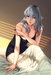 Rule 34 | 1girl, artist name, bed sheet, blue eyes, breasts, cleavage, feguimel, hair between eyes, indoors, leaning forward, lips, long hair, medium breasts, naked shirt, on bed, original, parted lips, shirt, silver hair, sitting, solo, strap slip