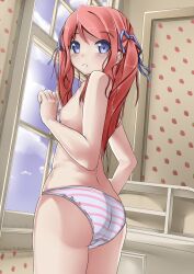Rule 34 | 1girl, ass, blue eyes, breasts, commentary, english commentary, from side, hair ribbon, highres, looking at viewer, nipples, original, panties, red hair, ribbon, small breasts, solo, striped clothes, striped panties, topless, twintails, underwear, window, xiffy