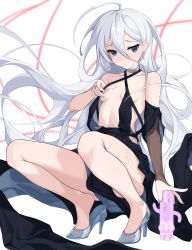 Rule 34 | 1girl, absurdres, ahoge, bare shoulders, black dress, blue archive, breasts, bridal gauntlets, criss-cross halter, dress, elbow gloves, gloves, halterneck, high heels, highres, long hair, original, purple eyes, revealing clothes, single glove, small breasts, squatting, thighs, white hair, yume (454565427)