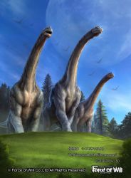 Rule 34 | artist name, copyright name, day, dinosaur, dinosaur tail, fangs, force of will, grass, highres, leaf, no humans, open mouth, pterosaur, sauropod, sky, tagme, tail, tree