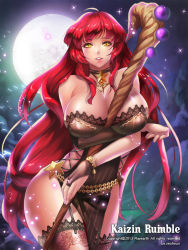 Rule 34 | 1girl, between breasts, black thighhighs, breast hold, breasts, bridal gauntlets, copyright name, full moon, garter straps, kaizin rumble, lace, lace-trimmed legwear, lace trim, large breasts, long hair, looking at viewer, moon, original, parted lips, red hair, side slit, staff, star (symbol), thighhighs, thighs, very long hair, witch, yamkom, yellow eyes