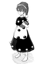 Rule 34 | 1girl, absurdres, arm at side, black dress, black eyes, book, doremy sweet, dress, fujimi nao, greyscale, hair between eyes, hat, highres, holding, holding book, monochrome, santa hat, screentones, short hair, simple background, socks, solo, standing, touhou, white background