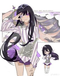Rule 34 | 1girl, absurdres, akemi homura, alternate costume, black hair, chibi, chibi inset, chinese commentary, collared shirt, commentary request, copyright name, cowboy shot, earrings, gem, grey vest, hair between eyes, hand on own thigh, highres, holding, holding gem, jewelry, long hair, long sleeves, looking at viewer, mahou shoujo madoka magica, mahou shoujo madoka magica (anime), multiple views, one eye covered, ouge dz, parted lips, purple eyes, purple shirt, purple skirt, shirt, simple background, single earring, skirt, soul gem, standing, striped clothes, striped shirt, two-tone shirt, vest, weibo logo, weibo username, white background, white shirt