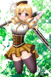 Rule 34 | 10s, 1girl, absurdres, arms behind head, bad id, bad pixiv id, beret, blonde hair, blush, boots, breasts, brown thighhighs, corset, detached sleeves, drill hair, dual wielding, gun, hair ornament, hairpin, hat, highres, holding, large breasts, magical girl, magical musket, mahou shoujo madoka magica, mahou shoujo madoka magica (anime), pleated skirt, puffy sleeves, purple eyes, ribbon, rifle, shirt, skirt, smile, solo, striped clothes, striped thighhighs, taut clothes, taut shirt, thighhighs, tomoe mami, tsunadango, twin drills, twintails, vertical-striped clothes, vertical-striped thighhighs, weapon, zettai ryouiki