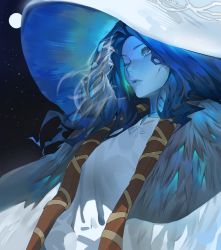 Rule 34 | 1girl, blue eyes, blue hair, blue lips, blue skin, cloak, colored skin, commentary, cracked skin, dress, elden ring, english commentary, extra faces, fur cloak, hat, highres, hood (james x), lips, long hair, looking up, magic, moon, night, night sky, one eye closed, parted lips, ranni the witch, sky, solo, star (sky), upper body, white dress, white hat, witch, witch hat