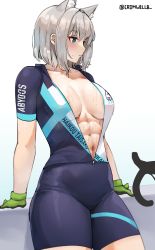 Rule 34 | 1girl, abs, absurdres, animal ear fluff, animal ears, arm support, bicycle, blue archive, blue eyes, breasts, center opening, collarbone, cromwellb, extra ears, gloves, grey hair, highres, looking to the side, medium breasts, medium hair, muscular, muscular female, shiroko (blue archive), shiroko (cycling) (blue archive), simple background, solo, sportswear, sweat, taut clothes, text print, tsurime, twitter username, wolf ears