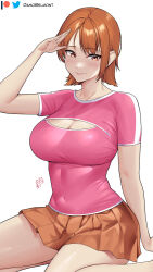 Rule 34 | 1girl, artist name, asymmetrical bangs, breasts, brown eyes, brown hair, cleavage, commentary, covered navel, cowboy shot, damobelmont, female focus, grin, highres, impossible clothes, large breasts, looking at viewer, miniskirt, nami (one piece), one piece, one piece (live action), orange skirt, parted lips, patreon logo, pink shirt, pleated skirt, salute, shirt, short hair, short sleeves, simple background, sitting, skirt, smile, solo, thighs, tsurime, twitter logo, wariza, white background