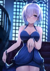 Rule 34 | 1girl, ahoge, alternate costume, ayul (ayulneri 92), bare shoulders, blue bow, blue bracelet, blue dress, blush, bow, bracelet, breasts, cleavage, closed mouth, collarbone, cowboy shot, dress, fate/grand order, fate (series), hair over one eye, highres, indoors, jewelry, large breasts, looking at viewer, mash kyrielight, one eye covered, outstretched hand, pink hair, purple eyes, short hair, skirt hold, sleeveless, sleeveless dress, smile, solo, sparkle, stairs, window
