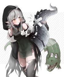 Rule 34 | 1girl, absurdres, ahoge, arknights, bare shoulders, black dress, black thighhighs, breasts, covered navel, crocodile, crocodilian, crocodilian tail, detached sleeves, dress, gloves, goggles, goggles around neck, grey hair, highres, holding tail, hood, large tail, long sleeves, looking away, notice lines, parted lips, partially fingerless gloves, pelvic curtain, pointy ears, seorang, short hair, skindentation, small breasts, solo, sweatdrop, tail, thighhighs, thighs, tomimi (arknights), torn clothes, torn thighhighs, yellow eyes