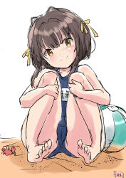 Rule 34 | 1girl, ball, barefoot, beachball, black hair, blue one-piece swimsuit, brown eyes, cameltoe, commentary request, crab, fuji (pixiv24804665), highres, kantai collection, name tag, one-piece swimsuit, sand, short hair, short hair with long locks, simple background, sitting, smile, solo, swimsuit, ukuru (kancolle), white background