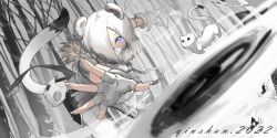 Rule 34 | 1girl, absurdres, animal, animal ears, arknights, artist name, bare tree, bent over, blue eyes, blurry, blurry foreground, dated, day, depth of field, diao bu landuo, fingerless gloves, fingernails, fur collar, fuuma shuriken, gloves, hair over one eye, highres, long fingernails, looking at viewer, mask, mouth mask, nail polish, official alternate costume, outdoors, sharp fingernails, shirayuki (arknights), shirayuki (wind of breaking blade) (arknights), short hair, short sleeves, shuriken, silver hair, slit pupils, solo, tail, tree, weapon, white gloves, white nails, white theme