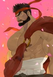 Rule 34 | 1boy, abs, absurdres, bara, beard, black hair, chonglangzibuchongle, facial hair, from side, headband, highres, large pectorals, looking to the side, male focus, mature male, midriff sarashi, muscular, muscular male, nipples, pectorals, petals, ryu (street fighter), sarashi, short hair, solo, street fighter, street fighter 6, thick eyebrows, topless male, upper body, veins