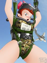 Rule 34 | 1girl, aircraft, airplane, alternate color school swimsuit, bad id, brown eyes, camouflage, cloud, cowboy shot, day, diving mask, diving mask on head, fang, from below, gegege no kitarou, goggles, goggles on head, green one-piece swimsuit, harness, military, nekomusume, one-piece swimsuit, open mouth, outdoors, parachute, print one-piece swimsuit, print swimsuit, red hair, school swimsuit, sky, solo, swimsuit, uzushio (uzusio)