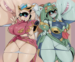 Rule 34 | 2girls, android, armor, bar censor, blue panties, blue sclera, blush, breasts, censored, clothes lift, colored sclera, colored skin, covered erect nipples, cowboy shot, dress, dress lift, flashing, green sclera, green skin, gundam, huge breasts, huge nipples, joints, kougetsuei gun ez, large breasts, lifting own clothes, medium skirt, midriff peek, multiple girls, one eye closed, panties, panty pull, pauldrons, pochincoff, projected inset, purple eyes, pussy, pussy juice, red eyes, robot, robot joints, sd gundam, sd gundam sangokuden, shoulder armor, simple background, skirt, sonshoukou garbera, sweat, underwear, v, v-fin, white panties, yellow skin