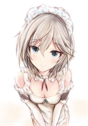 Rule 34 | 1girl, anastasia (idolmaster), apron, bare shoulders, black neckwear, blue eyes, breasts, cleavage, elbow gloves, frills, gloves, grey hair, hair between eyes, headdress, idolmaster, idolmaster cinderella girls, light blush, looking at viewer, maid, maid headdress, medium hair, nannacy7, simple background, small breasts, smile, solo, upper body, white background, white gloves