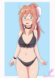 Rule 34 | 1girl, anger vein, angry, animated, animated gif, aster-effect, black bra, black panties, blush, bra, breasts, brown hair, cleavage, clenched hands, doki doki literature club, green eyes, hair ribbon, large breasts, lingerie, looking at viewer, monika (doki doki literature club), navel, panties, ponytail, pout, ribbon, solo, surprised, underwear