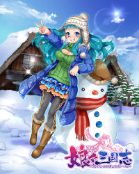 Rule 34 | 1girl, absurdres, aqua hair, bad id, bad pixiv id, black pantyhose, blue eyes, blush, boots, botamochi kagen, breasts, breath, cabin, cleavage, cloud, coat, copyright name, day, frilled skirt, frills, full body, fur-trimmed boots, fur trim, grin, hat, highres, ksaiyo, long hair, looking at viewer, meme attire, official art, open-chest sweater, pantyhose, skirt, sky, smile, snow, snow boots, snowman, solo, sparkle, sun, sweater, v, winter, winter clothes, winter coat