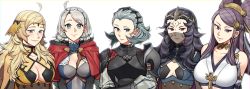 Rule 34 | 5girls, absurdres, ahoge, armor, asymmetrical bangs, bare shoulders, black hair, blonde hair, braid, breasts, cape, capelet, chest harness, choker, circlet, cleavage, closed mouth, comb, commission, commissioner upload, facial mark, fire emblem, fire emblem fates, grey eyes, grey hair, hairband, harness, highres, hiomaika, hood, hooded capelet, japanese clothes, large breasts, leather, long hair, looking at viewer, medium breasts, medium hair, multiple girls, nina (fire emblem), nintendo, nyx (fire emblem), ophelia (fire emblem), orochi (fire emblem), pantyhose, purple eyes, purple hair, red eyes, shoulder armor, smile, sophie (fire emblem), turtleneck, upper body, veil, white hair