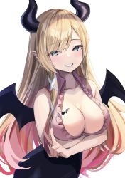 Rule 34 | 1girl, arms under breasts, black skirt, black wings, blush, breast tattoo, breasts, cleavage, collarbone, commentary request, cowboy shot, demon girl, demon horns, demon wings, frilled shirt, frills, gradient hair, highres, hololive, horns, large breasts, leaning forward, long hair, looking at viewer, multicolored hair, pi tayuko, pink hair, pink shirt, pointy ears, shadow, shirt, sidelocks, simple background, skirt, sleeveless, sleeveless shirt, solo, streaked hair, swept bangs, tattoo, teeth, v, virtual youtuber, white background, wings, yuzuki choco, yuzuki choco (1st costume)