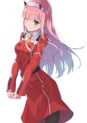 Rule 34 | 10s, 1girl, ;), black pantyhose, blunt bangs, blush, breasts, buttons, closed mouth, coat, cowboy shot, darling in the franxx, double-breasted, eyeshadow, green eyes, hairband, highres, horns, long hair, long sleeves, looking at viewer, makeup, medium breasts, military, military uniform, necktie, one eye closed, orange necktie, own hands together, pantyhose, pink hair, red coat, smile, solo, standing, straight hair, stretching, uniform, v-shaped eyebrows, white hairband, yukiyaii, zero two (darling in the franxx)