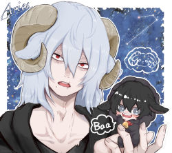 Rule 34 | 2boys, animal ears, aries (constellation), aries (zodiac), bell, black hair, black jacket, boku no hero academia, border, bow, bowtie, brown horns, chibi, child, collarbone, commentary request, constellation, dual persona, goat boy, goat ears, goat horns, grey eyes, grey hair, hair between eyes, highres, hood, hood up, horns, inukai (inuuowoukai), jacket, kemonomimi mode, long hair, looking at viewer, male focus, mini person, miniboy, mole, mole under mouth, multiple boys, neck bell, open mouth, outline, outside border, red bow, red bowtie, red eyes, shigaraki tomura, short hair, sitting, sitting on hand, smile, star (sky), time paradox, white border, white outline, zodiac