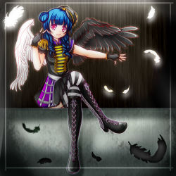 Rule 34 | 1girl, absurdres, alternate hairstyle, artist name, artist request, asymmetrical wings, band uniform, belt, black feathers, black footwear, black gloves, black hat, black legwear, black shirt, black skirt, black wings, blue hair, blush, boots, braid, breasts, collared shirt, crossed legs, curly hair, epaulettes, feathers, female focus, fingerless gloves, frilled sleeves, frills, full body, gloves, hair bun, hair over one eye, hat, high heel boots, high heels, highres, in the unstabe world, in the unstabe world (love live!), long hair, looking at viewer, love live!, love live! school idol festival, love live! sunshine!!, mini hat, miniskirt, mismatched wings, parted lips, pink eyes, plaid, plaid skirt, pleated, pleated skirt, purple eyes, purple skirt, shirt, short sleeves, shoulder pads, side bun, single hair bun, sitting, skirt, small breasts, smile, solo, striped legwear, tsushima yoshiko, twin braids, upper body, v, white belt, white feathers, white legwear, white wings, wings