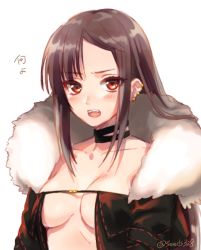 Rule 34 | 1girl, black dress, black jacket, blush, breasts, brown hair, center opening, choker, cleavage, collarbone, yu mei-ren (fate), cropped jacket, dress, earrings, fangs, fate/grand order, fate (series), fur-trimmed jacket, fur trim, jacket, jewelry, long hair, long sleeves, medium breasts, multiple earrings, open clothes, open jacket, open mouth, red eyes, ribbon-trimmed dress, seeds328, translation request, very long hair